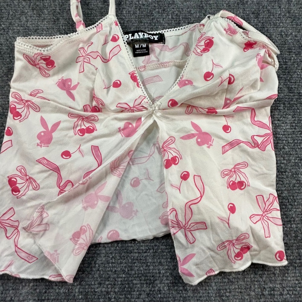 Playboy Pink Bunny Cherry Ribbon Pajama Set Camisole and Shorts White Medium - Picture 8 of 8